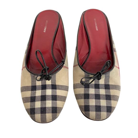 Burberry Ballet Flats Classic Nova Check Plaid Open Back Bow Slip On Tan Size 39 - Picture 1 of 11
